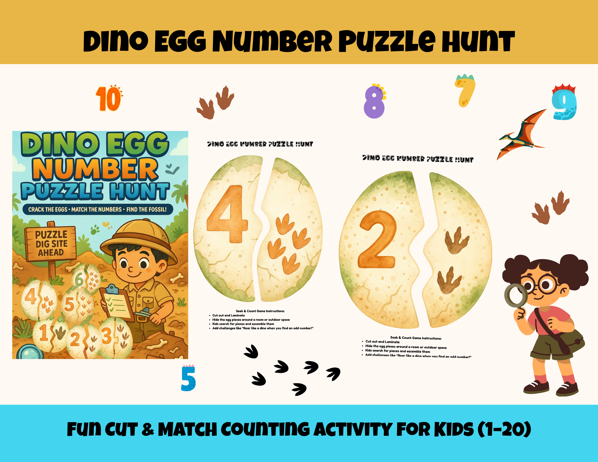 Dino Egg Number Puzzle Hunt (Numbers 1-20)