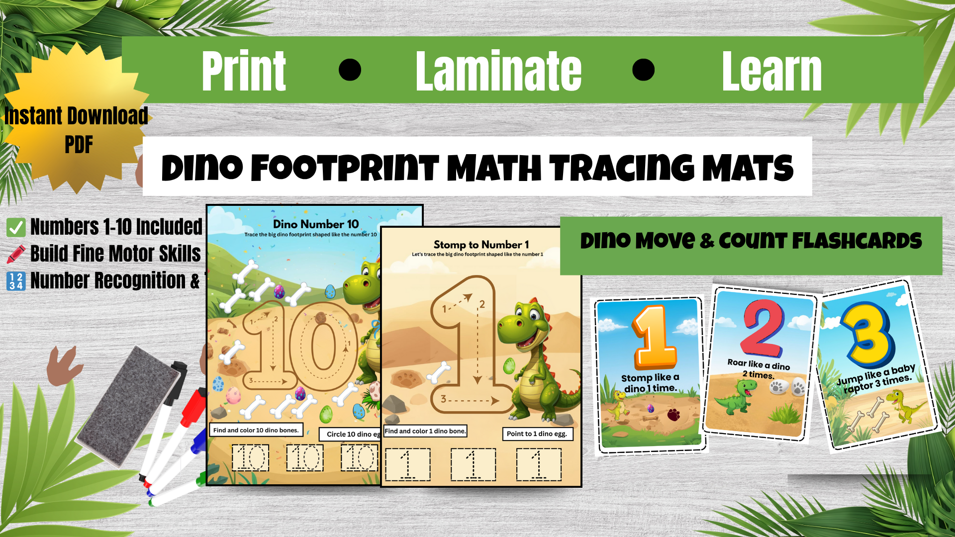 Dino Footprint Math Tracing Mats and Move & Count Flashcards Bundle