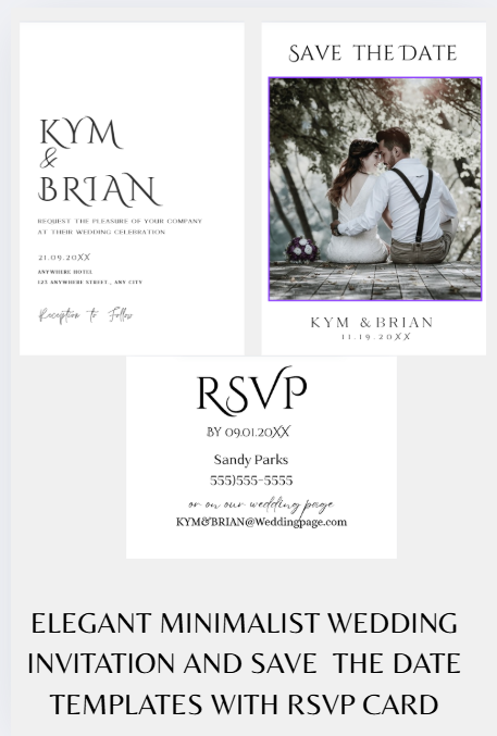 Minimalist Customizable Wedding invitation and  Save the Date Card templates with RSVP card
