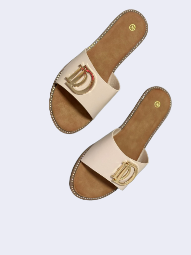 Beige Slide Sandals with Gold Accent