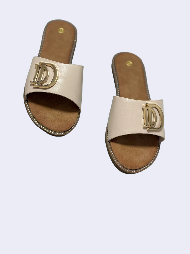 Beige Slide Sandals with Gold Accent