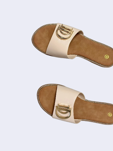 Beige Slide Sandals with Gold Accent