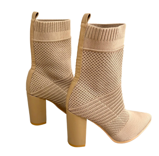 Beige Knit High Heel Ankle Boots