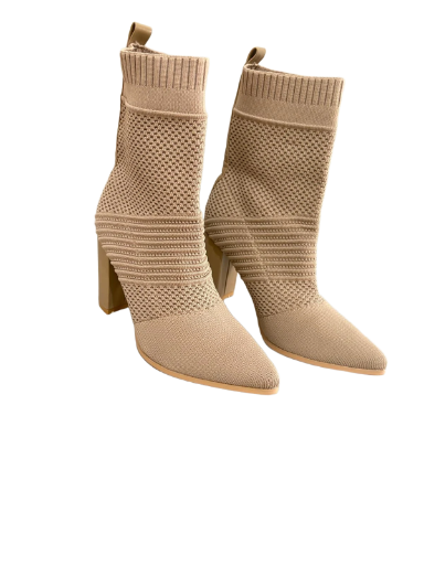 Beige Knit High Heel Ankle Boots