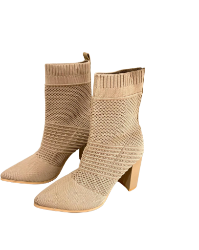 Beige Knit High Heel Ankle Boots