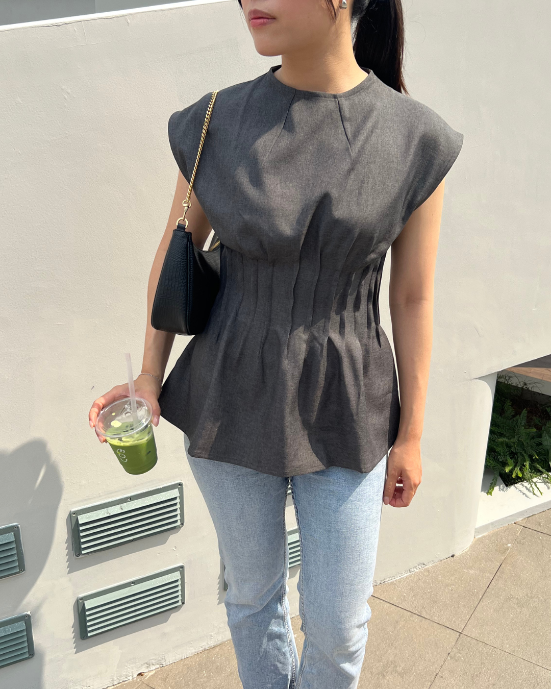 Naomi Sleeveless Pleated Dark Grey Blouse
