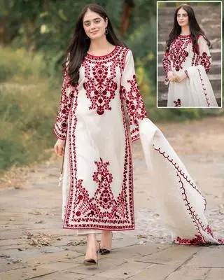 Elegant White and Red Embroidered Dress