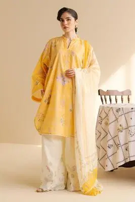 Yellow Floral Embroidered Three-Piece Suit