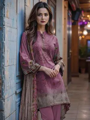 Elegant Mauve Embroidered Kurti Set