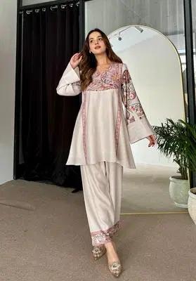 Embroidered Beige Kurta Set