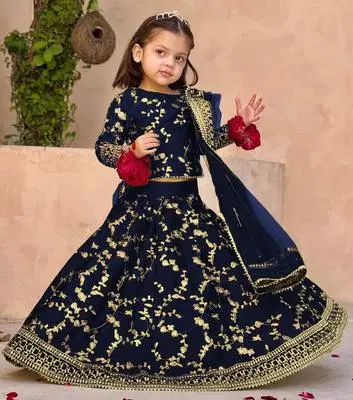 Navy Blue Floral Embroidered Lehenga Choli for Girls