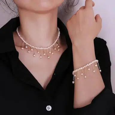 Pearl Choker Necklace and Bracelet Set