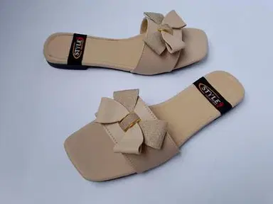 Beige Bow Slide Sandals
