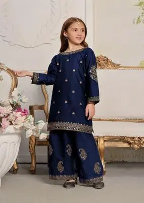 Girls' Traditional Navy Blue Embroidered Suit
