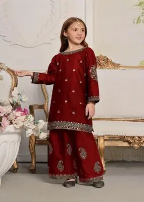 Girls' Maroon Traditional Embroidered Suit