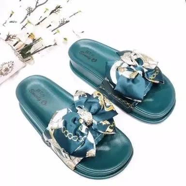 Teal Satin Bow Slide Sandals