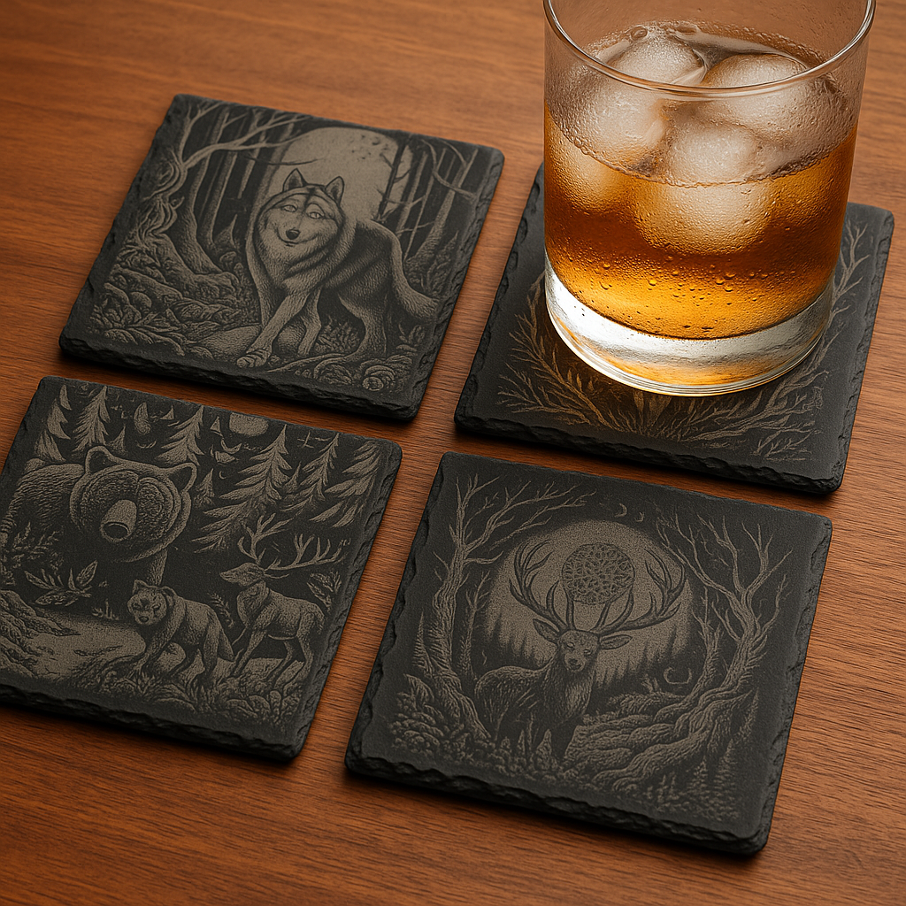 Laser Etched Slate Coaster Set (4) with Holder