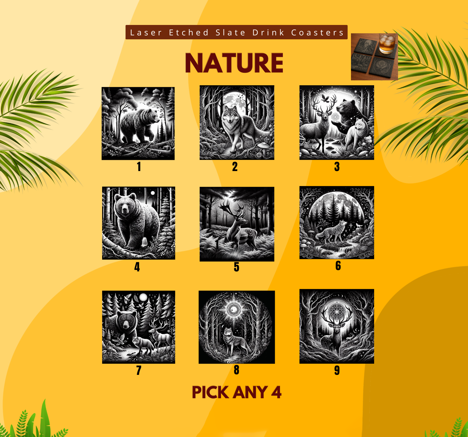 Laser Etched Slate Coaster Set (4) with Holder