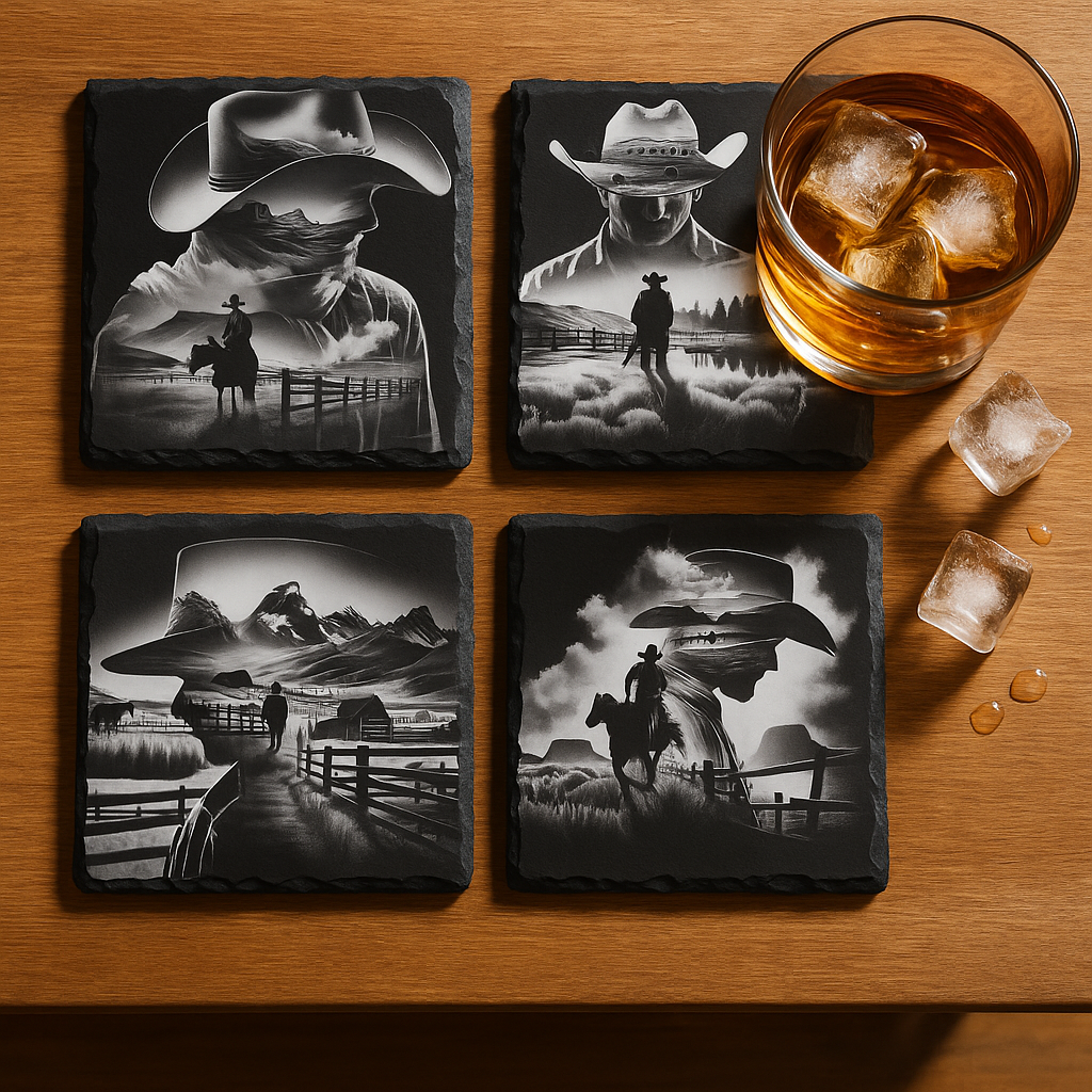 Rustic Cowboy Slate Coaster Set – Laser-Etched Western Silhouettes on Natural Stone