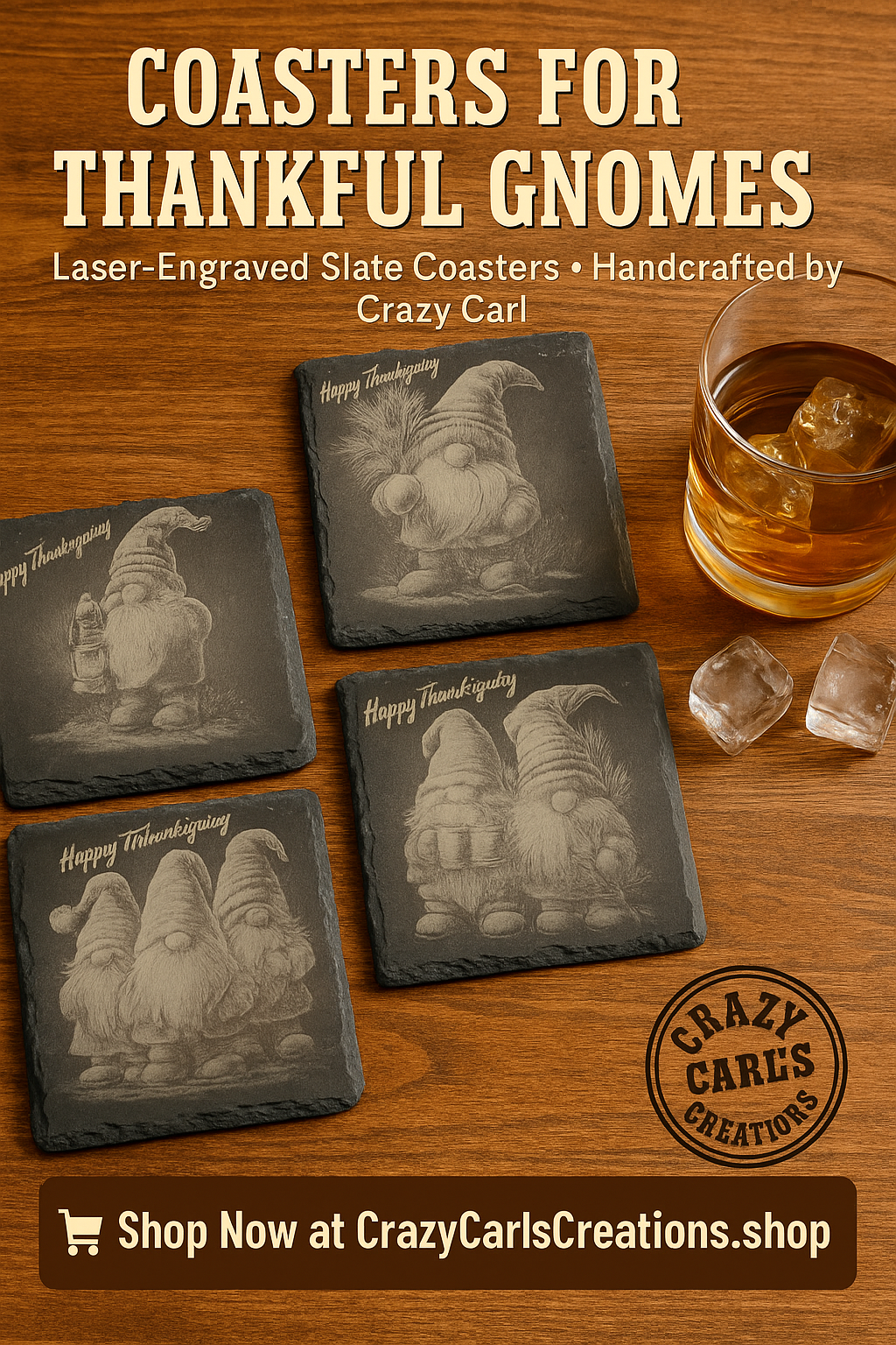 Gnome Slate Coaster Set – Laser-Etched on Natural Stone