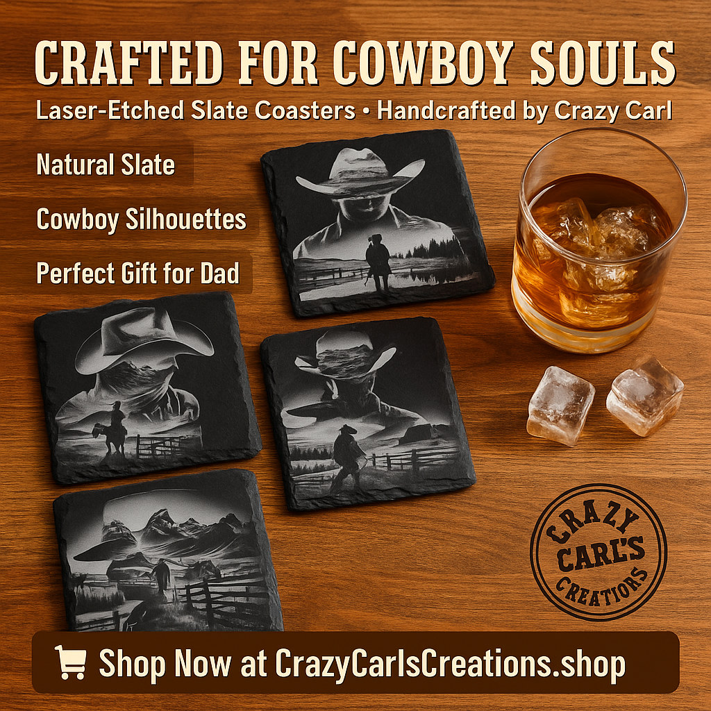 Rustic Cowboy Slate Coaster Set – Laser-Etched Western Silhouettes on Natural Stone