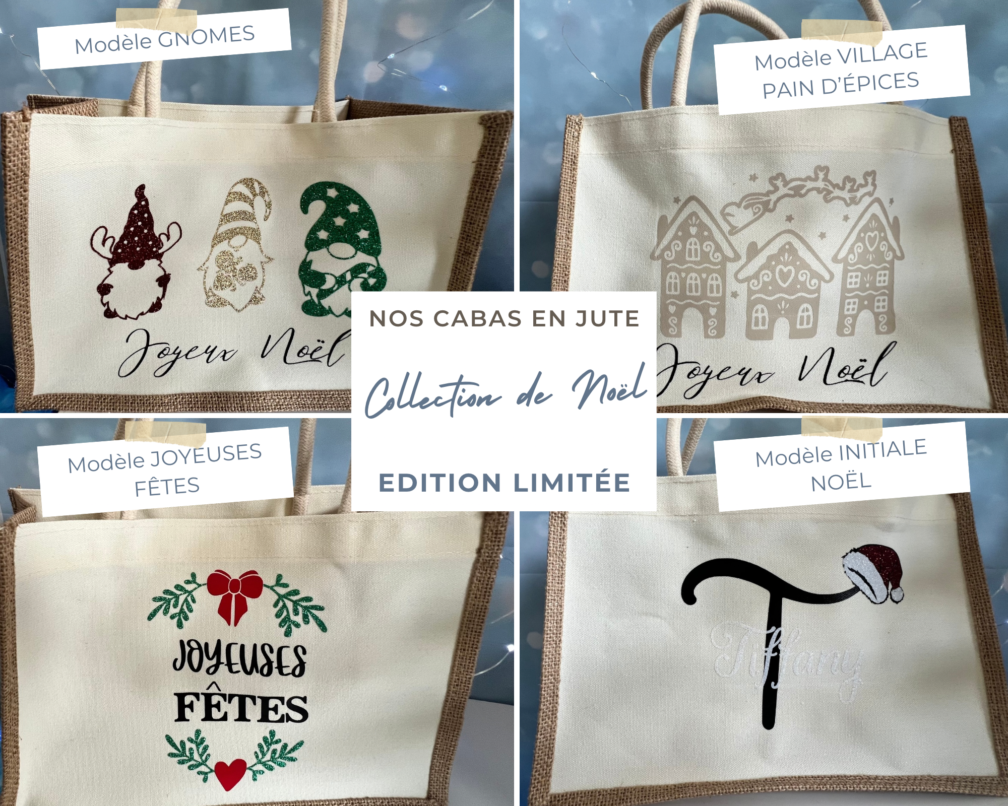 Cabas en toile de jute – Collection Noël – 4 modèles