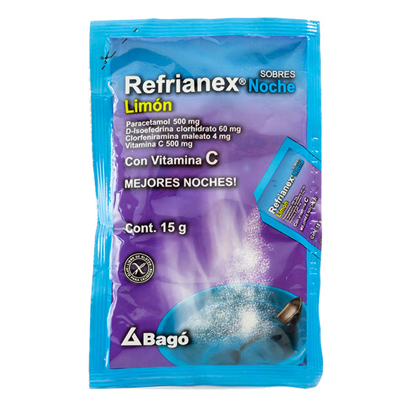 Refrianex Noche Limón X Sobre (Paracetamol 650 mg,Clorfenamina maleato 2 mg,Fenilefrina clorhidrato 10 mg)
