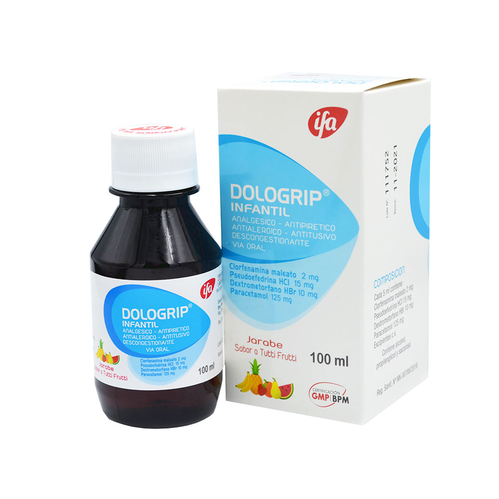 DOLOGRIP Infantil jarabe X 100 ml Clorfeniramina 2 mg , Pseudoefedrina 15 mg , Dextrometorfano 10 mg, Paracetamol 125 mg