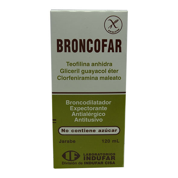 Broncofar Jarabe X 120 ml teofilina 50 mg guayaculato 2000 mg clorfeniramina 42 mg