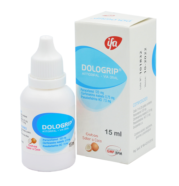 DOLOGRIP Gotas X 15 ml _ Paracetamol 120 mg, Pseudoefedrina 7.5 mg, Clormenamina 0.74 mg