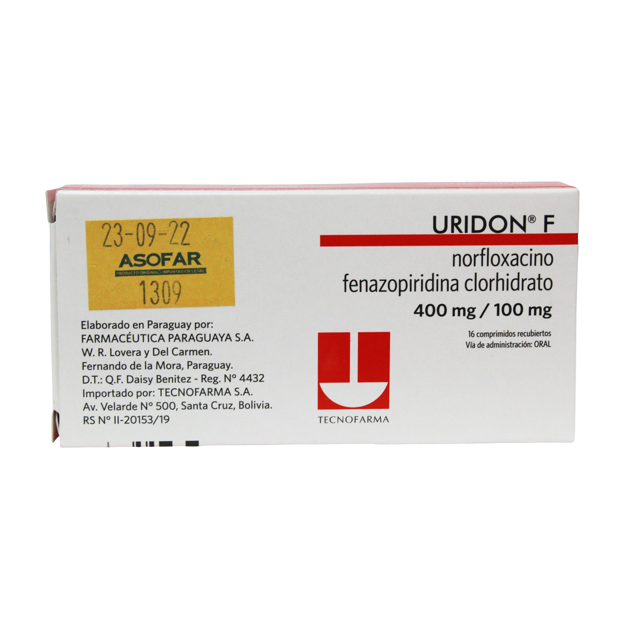 Uridon F X tableta Norfloxacina 400Mg Y Fenazopiridina 100Mg
