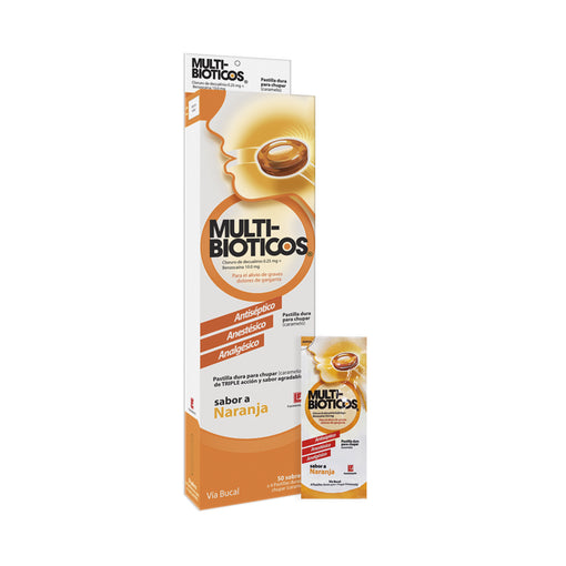 Pastillas Multibioticos Benzocaina Decualino Sabor Naranja X Sobre