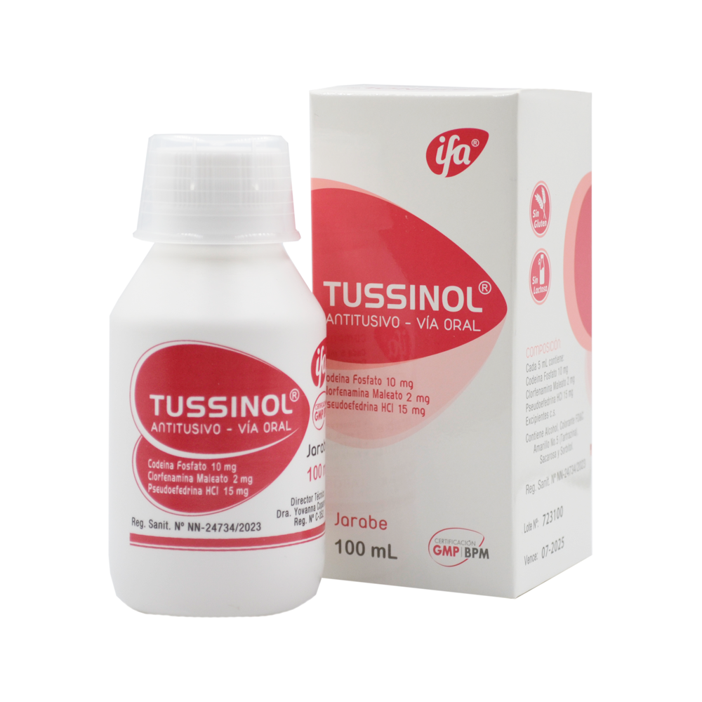 Tussinol Suspensión X 100 mL_ Codeina 10 mg, Clorfenamina 2 mg, Pseudoefedrina 15 mg