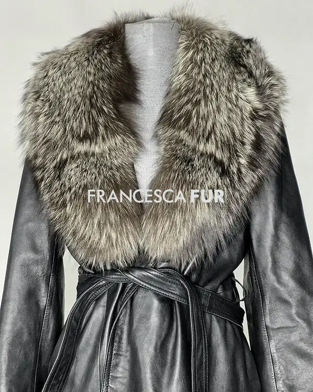 FOX FUR COLLARED Black Leather Coat