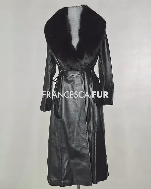 FOX FUR Collared Leather Full Length Coat