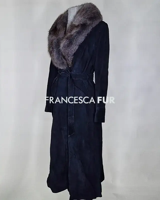 FUR COLLARED Suede Long Coat