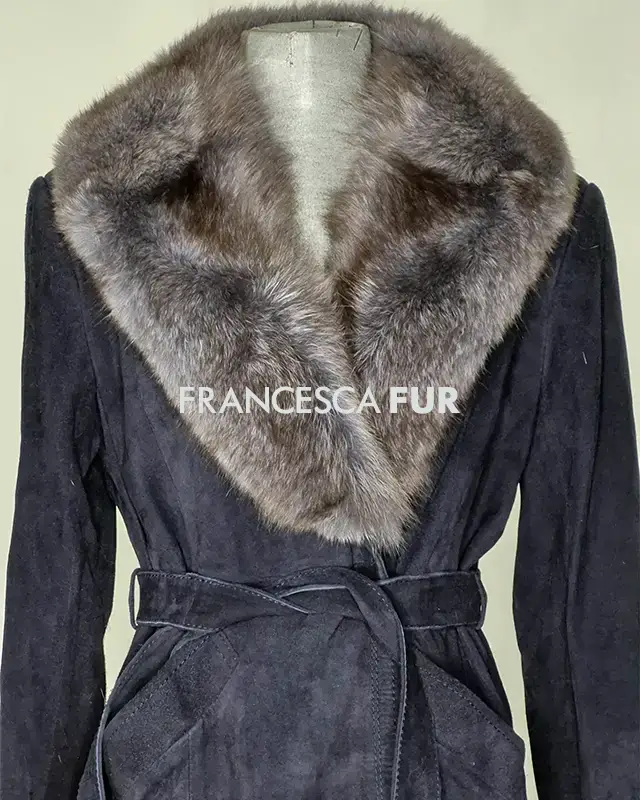 FUR COLLARED Suede Long Coat