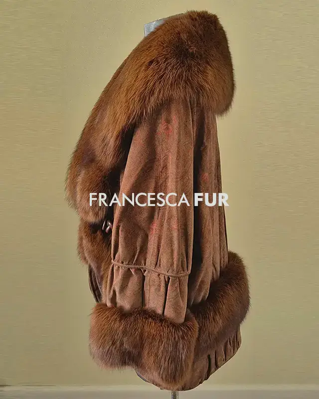 FOX FUR Trimmed Brown Suede Jacket