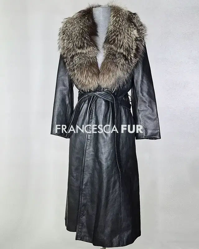 FOX FUR COLLARED Black Leather Coat