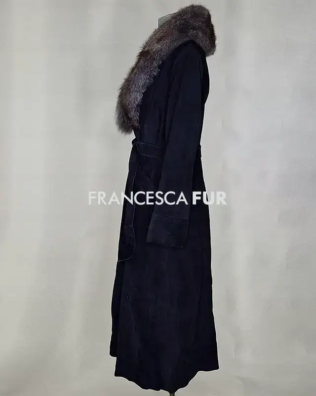 FUR COLLARED Suede Long Coat