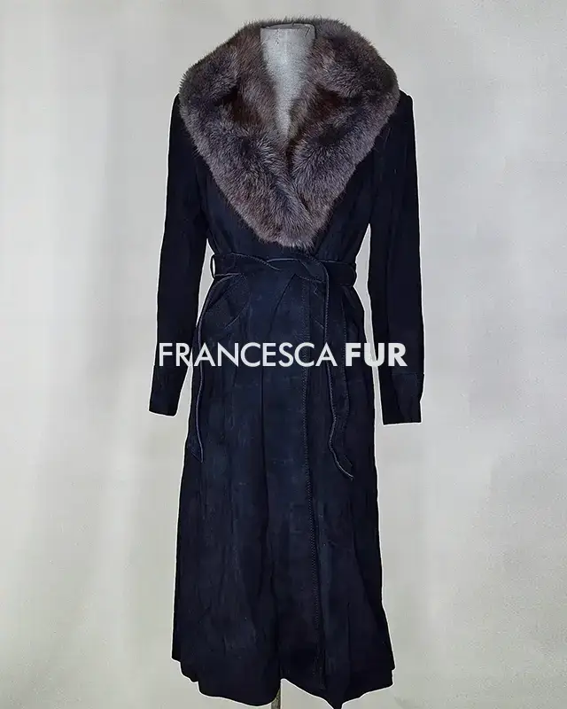 FUR COLLARED Suede Long Coat