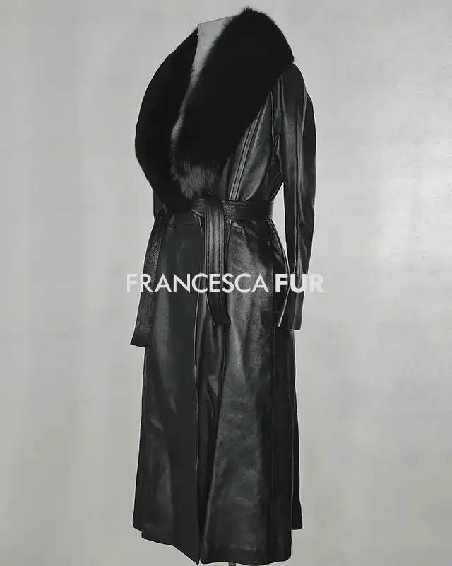 FOX FUR Collared Leather Full Length Coat