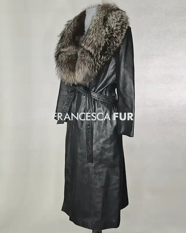 FOX FUR COLLARED Black Leather Coat