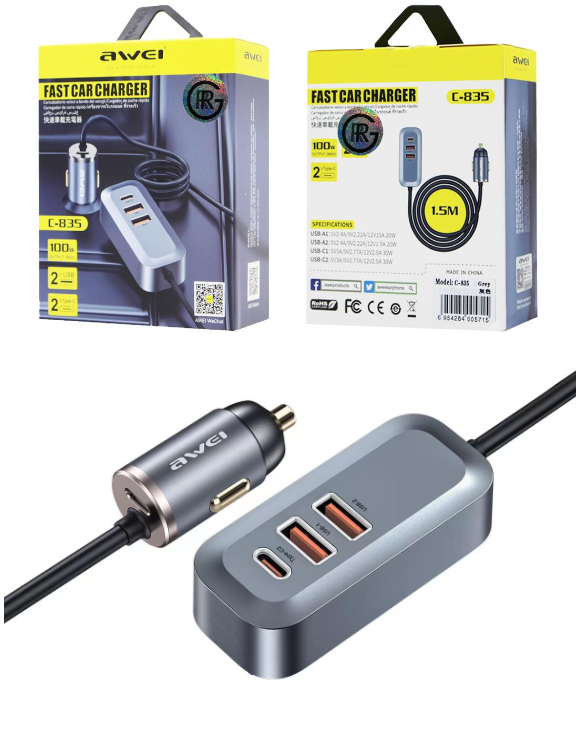 Awei C-835  Fast Car Charger Type-C 20W & USB Output