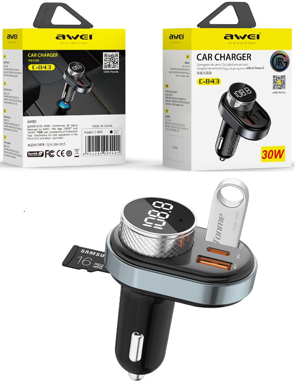 Awei C-843 Fast Car Charger Dual USB Audio Player TF Bluetooth Handsfree Calling