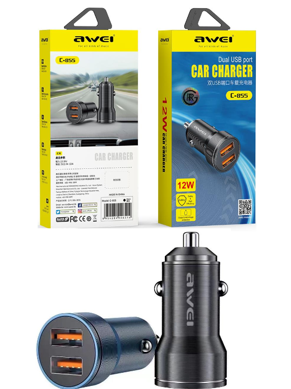 Awei C-855 Fast Car charger Aluminum Alloy Dual port fast for phones ,Tablets & iPads