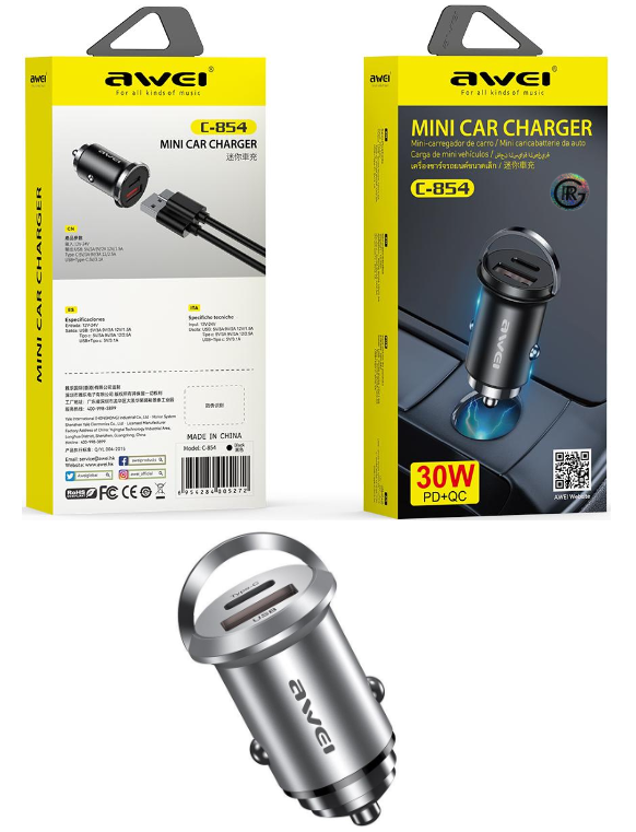 Awei C-854 Car Fast Charger USB and Type c Mini F 45W