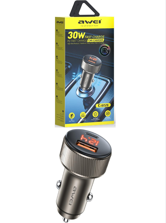 Awei C-859 First Car Charger QC PD 30W 12V-24V Charging Multiple Protections