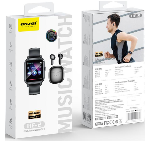 Awei HE-2 Smart Watch + Earbuds 2 in 1 Sport Music Combo