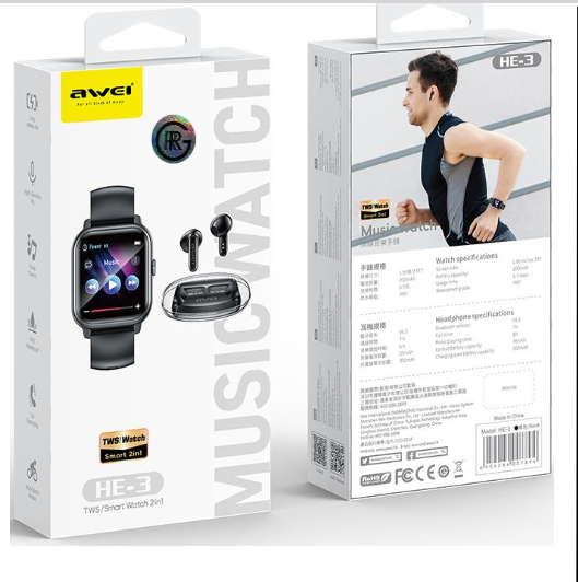 Awei HE-3 Smart Watch +  Earbuds  2 in 1 Mucis Sport Combo Set 